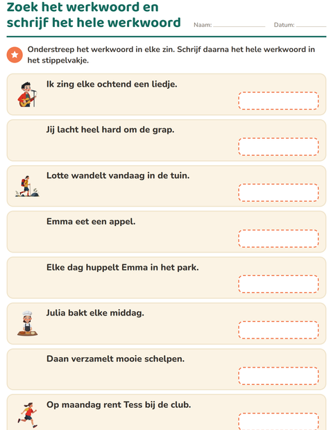Voorbeeld van het Werkwoorden vervoegen-werkblad voor groep 4