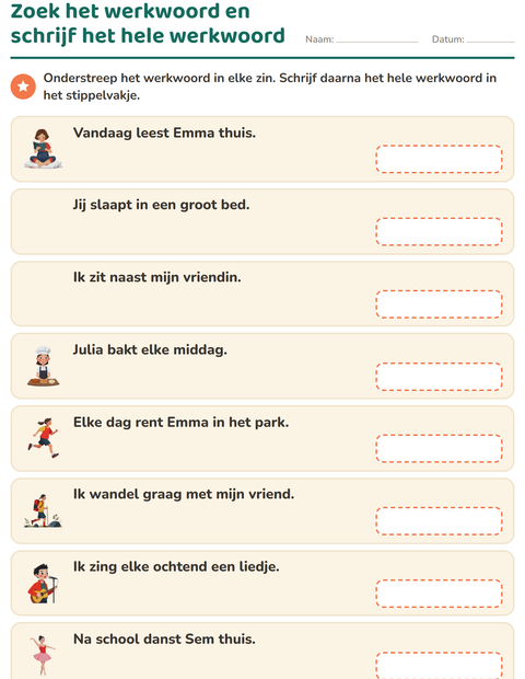 Voorbeeld van het Werkwoorden vervoegen-werkblad voor groep 4