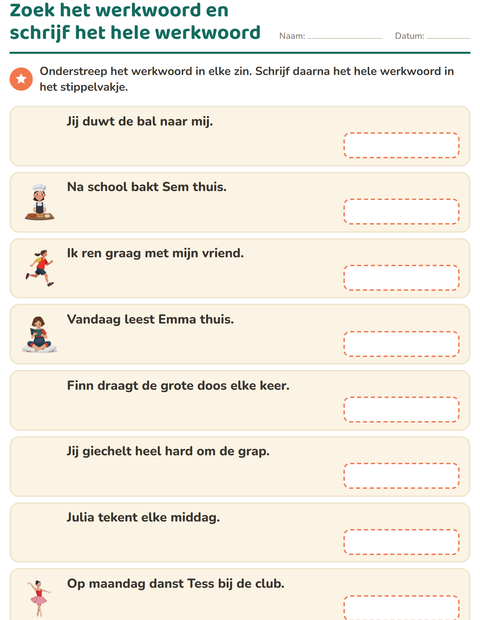 Voorbeeld van het Werkwoorden vervoegen-werkblad voor groep 4