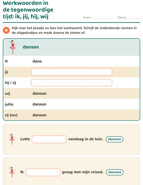 Voorbeeld van het Werkwoorden vervoegen-werkblad voor groep 4