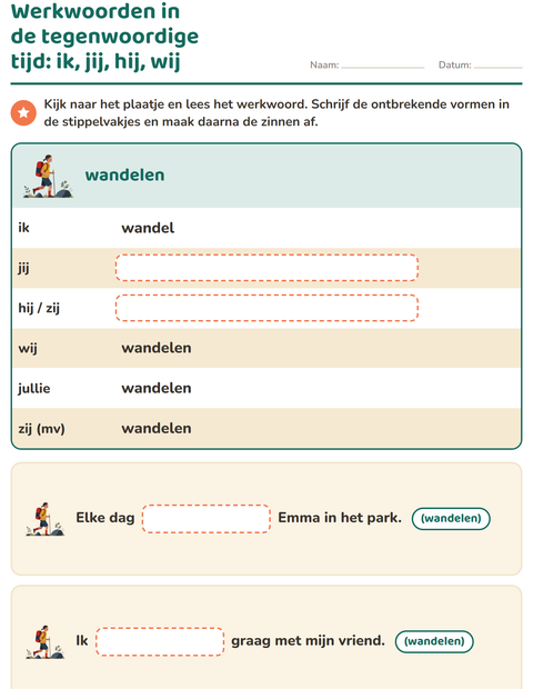 Voorbeeld van het Werkwoorden vervoegen-werkblad voor groep 4