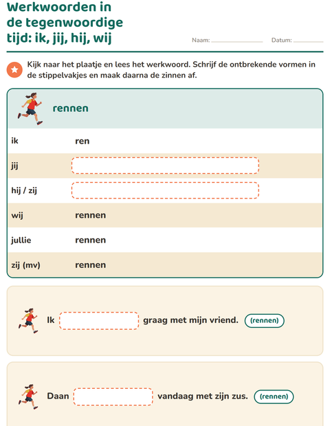 Voorbeeld van het Werkwoorden vervoegen-werkblad voor groep 4