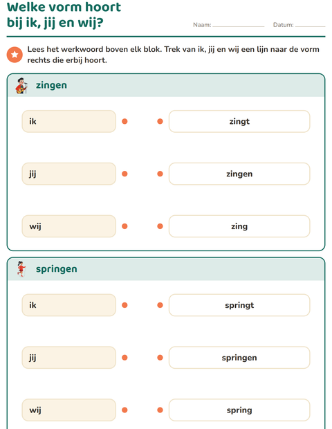 Voorbeeld van het Werkwoorden vervoegen-werkblad voor groep 4