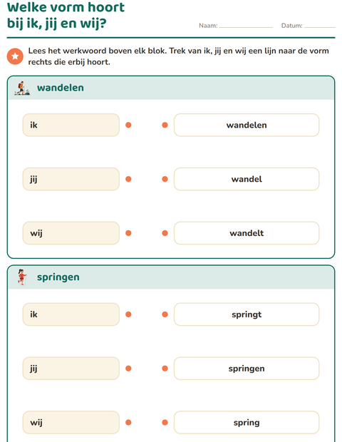 Voorbeeld van het Werkwoorden vervoegen-werkblad voor groep 4