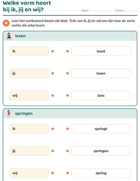 Voorbeeld van het Werkwoorden vervoegen-werkblad voor groep 4