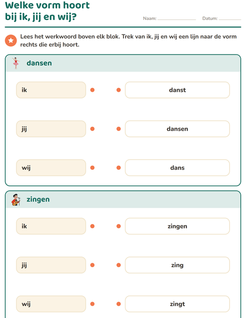 Voorbeeld van het Werkwoorden vervoegen-werkblad voor groep 4