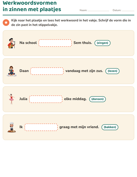 Voorbeeld van het Werkwoorden vervoegen-werkblad voor groep 4