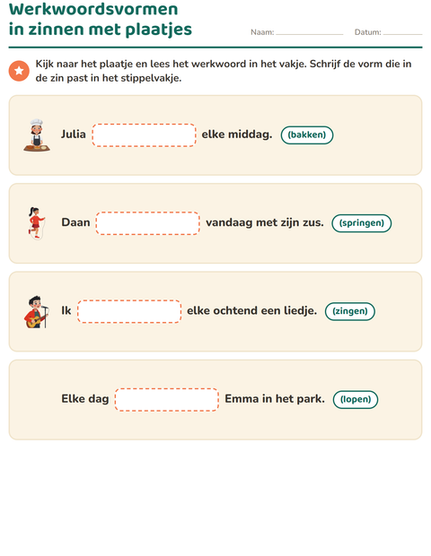 Voorbeeld van het Werkwoorden vervoegen-werkblad voor groep 4