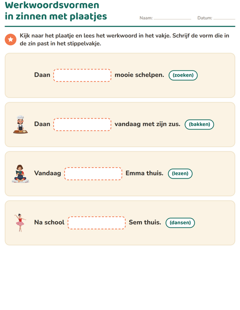 Voorbeeld van het Werkwoorden vervoegen-werkblad voor groep 4