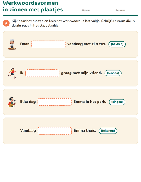 Voorbeeld van het Werkwoorden vervoegen-werkblad voor groep 4