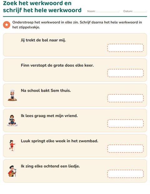 Voorbeeld van het Werkwoorden vervoegen-werkblad voor groep 4
