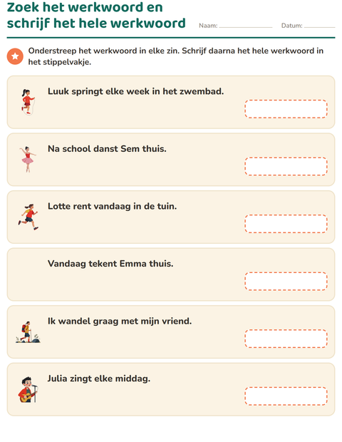 Voorbeeld van het Werkwoorden vervoegen-werkblad voor groep 4