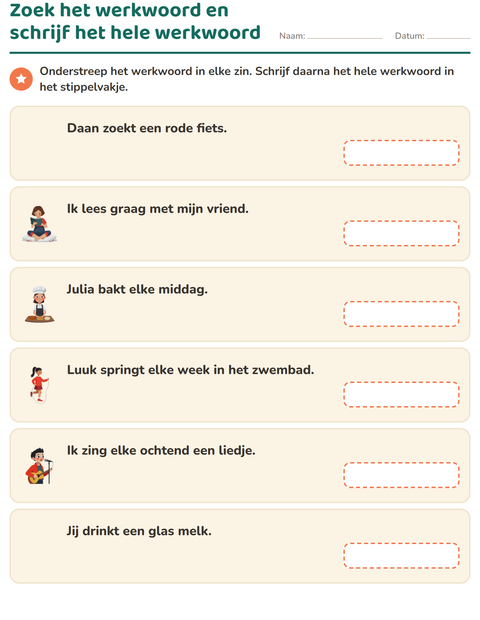 Voorbeeld van het Werkwoorden vervoegen-werkblad voor groep 4