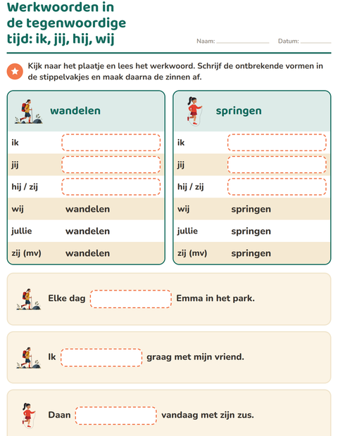 Voorbeeld van het Werkwoorden vervoegen-werkblad voor groep 4