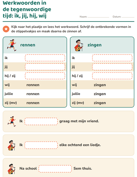 Voorbeeld van het Werkwoorden vervoegen-werkblad voor groep 4