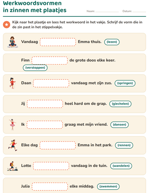 Voorbeeld van het Werkwoorden vervoegen-werkblad voor groep 4
