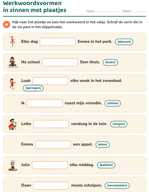 Voorbeeld van het Werkwoorden vervoegen-werkblad voor groep 4