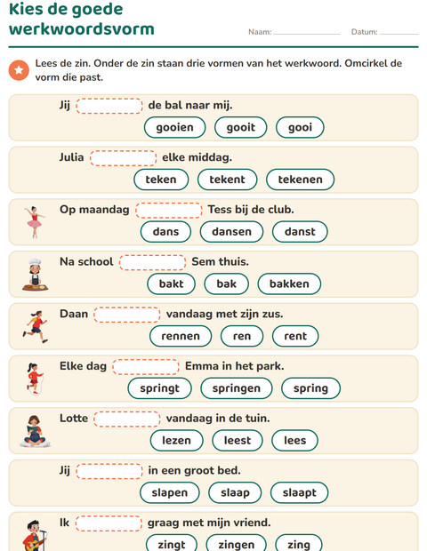 Voorbeeld van het Werkwoorden vervoegen-werkblad voor groep 4