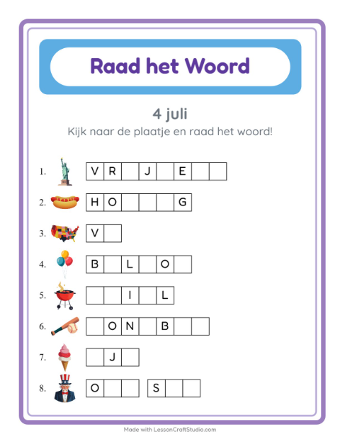 Voorbeeld van het Woord Raden-werkblad met 4 juli voor kleuterklas