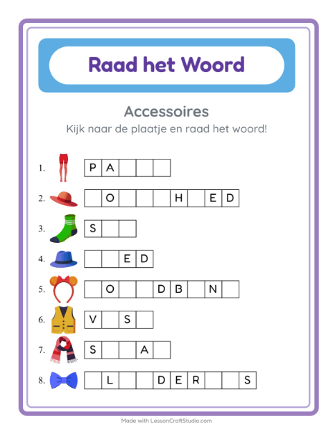 Voorbeeld van het Woord Raden-werkblad met Accessoires voor kleuterklas