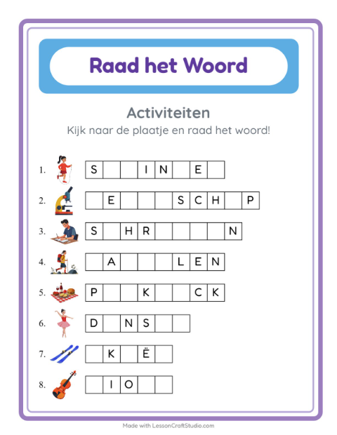 Voorbeeld van het Woord Raden-werkblad met Activiteiten voor kleuterklas