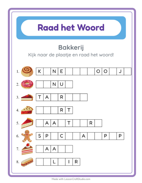 Voorbeeld van het Woord Raden-werkblad met Bakkerij voor kleuterklas