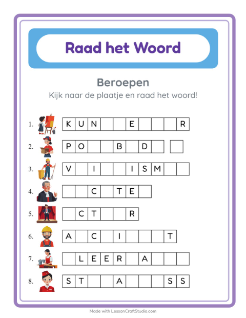 Voorbeeld van het Woord Raden-werkblad met Beroepen voor kleuterklas