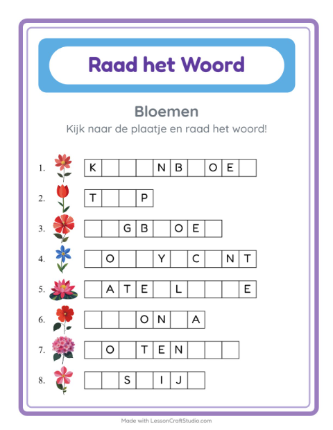 Voorbeeld van het Woord Raden-werkblad met Bloemen voor kleuterklas