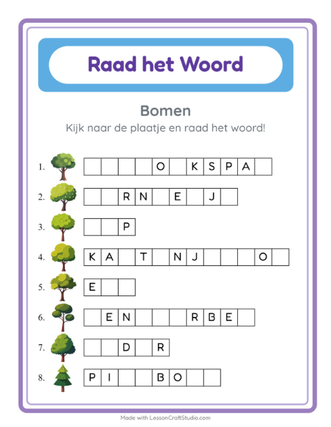 Voorbeeld van het Woord Raden-werkblad met Bomen voor kleuterklas