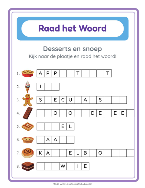 Voorbeeld van het Woord Raden-werkblad met Desserts en snoep voor kleuterklas