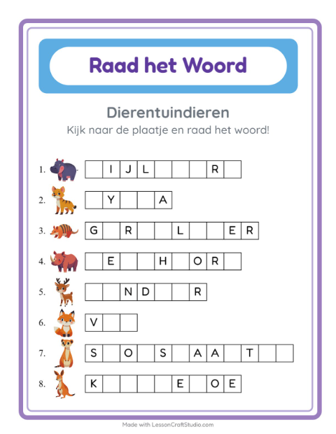Voorbeeld van het Woord Raden-werkblad met Dierentuindieren voor kleuterklas