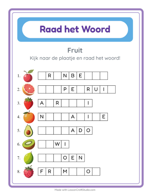 Voorbeeld van het Woord Raden-werkblad met Fruit voor kleuterklas