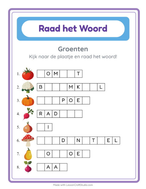 Voorbeeld van het Woord Raden-werkblad met Groenten voor kleuterklas