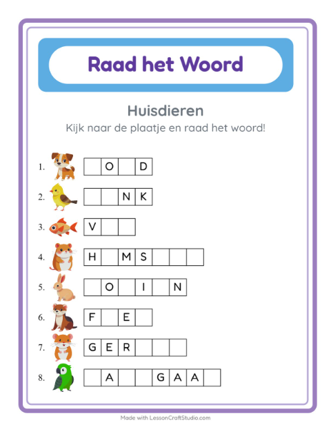 Voorbeeld van het Woord Raden-werkblad met Huisdieren voor kleuterklas
