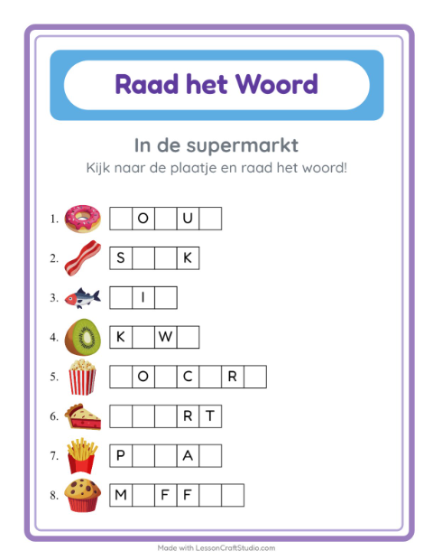 Voorbeeld van het Woord Raden-werkblad met In de supermarkt voor kleuterklas
