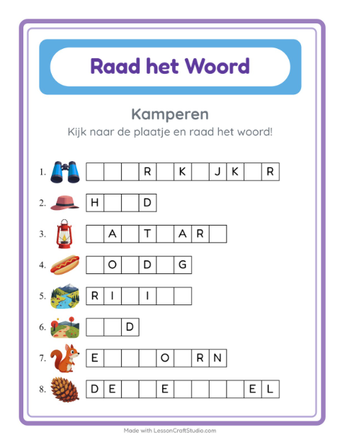 Voorbeeld van het Woord Raden-werkblad met Kamperen voor kleuterklas