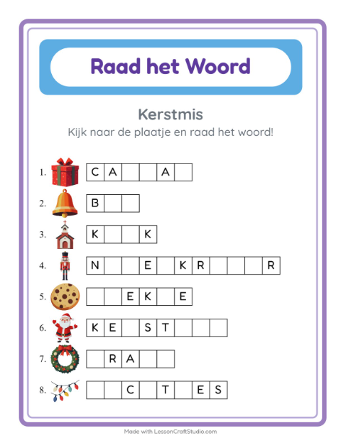 Voorbeeld van het Woord Raden-werkblad met Kerstmis voor kleuterklas