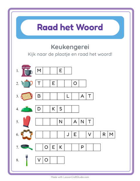 Voorbeeld van Ontbrekende letters: korte woorden met keukenspullen – werkblad groep 3