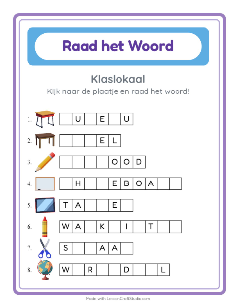 Voorbeeld van het Woord Raden-werkblad met Klaslokaal voor kleuterklas
