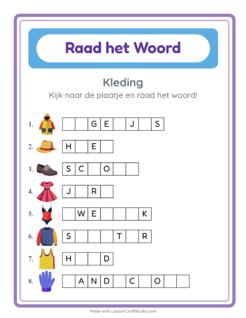 Voorbeeld van het Woord Raden-werkblad met Kleding voor kleuterklas