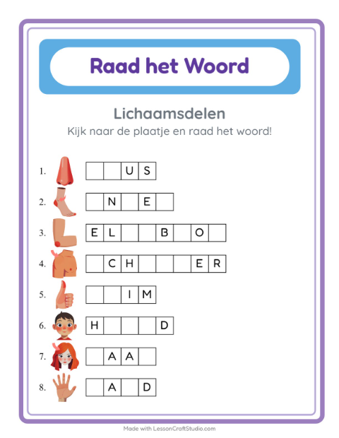 Voorbeeld van het Woord Raden-werkblad met Lichaamsdelen voor kleuterklas