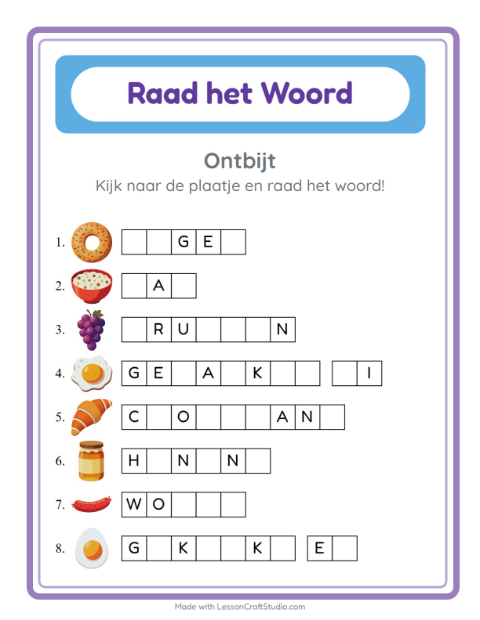 Voorbeeld van het Woord Raden-werkblad met Ontbijt voor kleuterklas