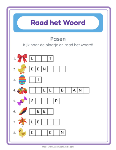 Voorbeeld van het Woord Raden-werkblad met Pasen voor kleuterklas