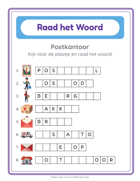 Voorbeeld van het Woord Raden-werkblad met Postkantoor voor kleuterklas