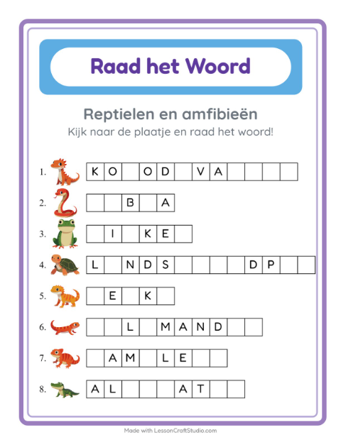 Voorbeeld van het Woord Raden-werkblad met Reptielen en amfibieën voor kleuterklas