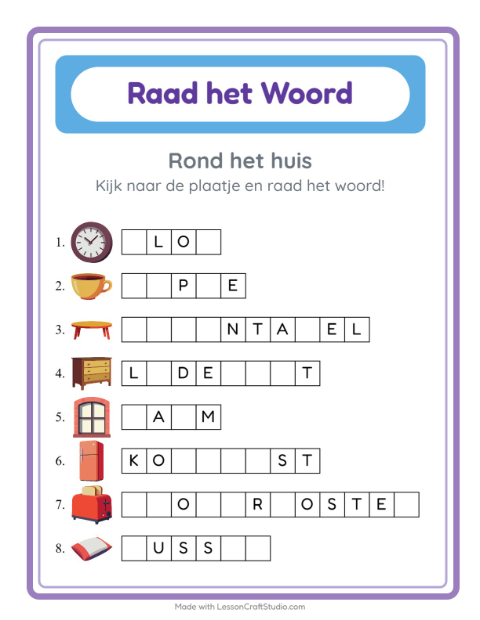 Voorbeeld van het Woord Raden-werkblad met Rond het huis voor kleuterklas