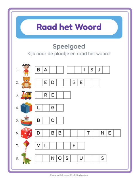 Voorbeeld van het Woord Raden-werkblad met Speelgoed voor kleuterklas