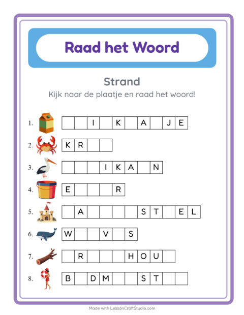 Voorbeeld van het Woord Raden-werkblad met Strand voor kleuterklas