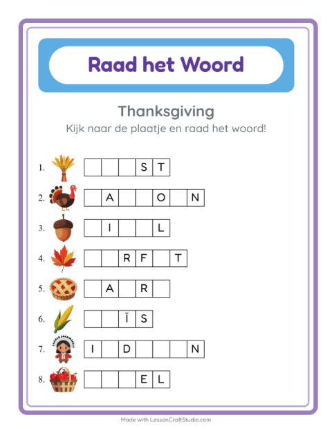 Voorbeeld van het Woord Raden-werkblad met Thanksgiving voor kleuterklas