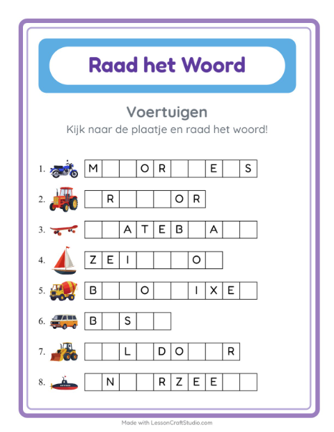 Voorbeeld van het Woord Raden-werkblad met Voertuigen voor kleuterklas
